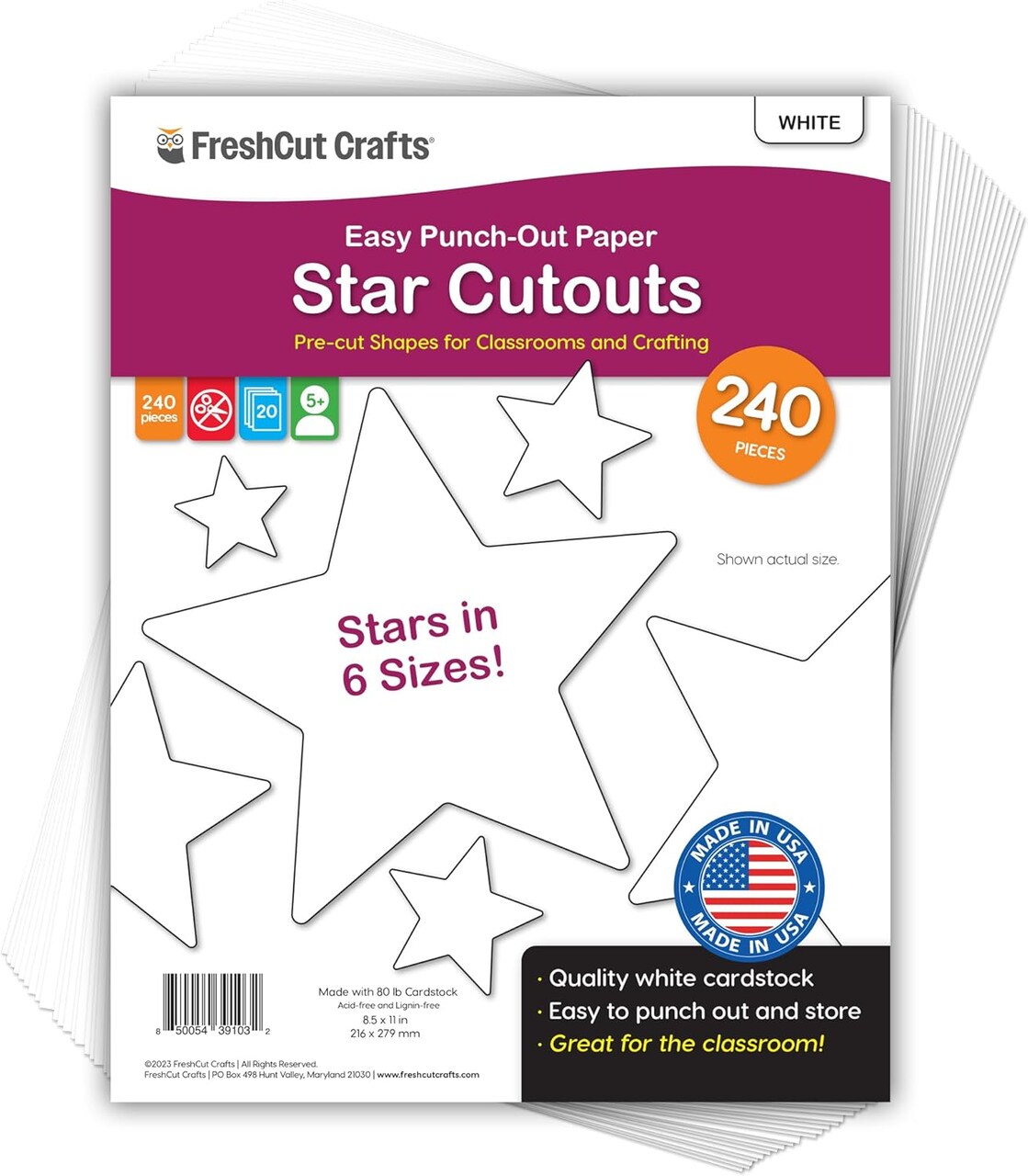 240 Pcs White Star Cutouts – 2-Sided Cardstock Punch-Outs, Made in the USA, for Bulletin Boards, Classroom Decor, Back-to-School Crafts, Party Decorations & Hollywood-Themed Events